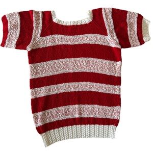 Vintage, knitted, short sleeved, square neck, red & white sweater
